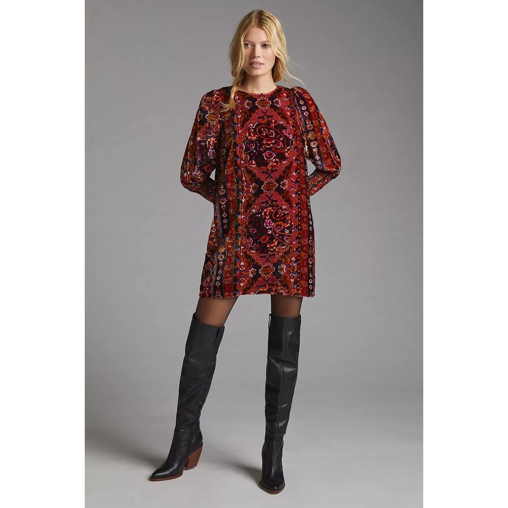 Anthropologie Velvet Paisley Lace-Up Back Shift Dress Long Sleeve 6 NWT renfair